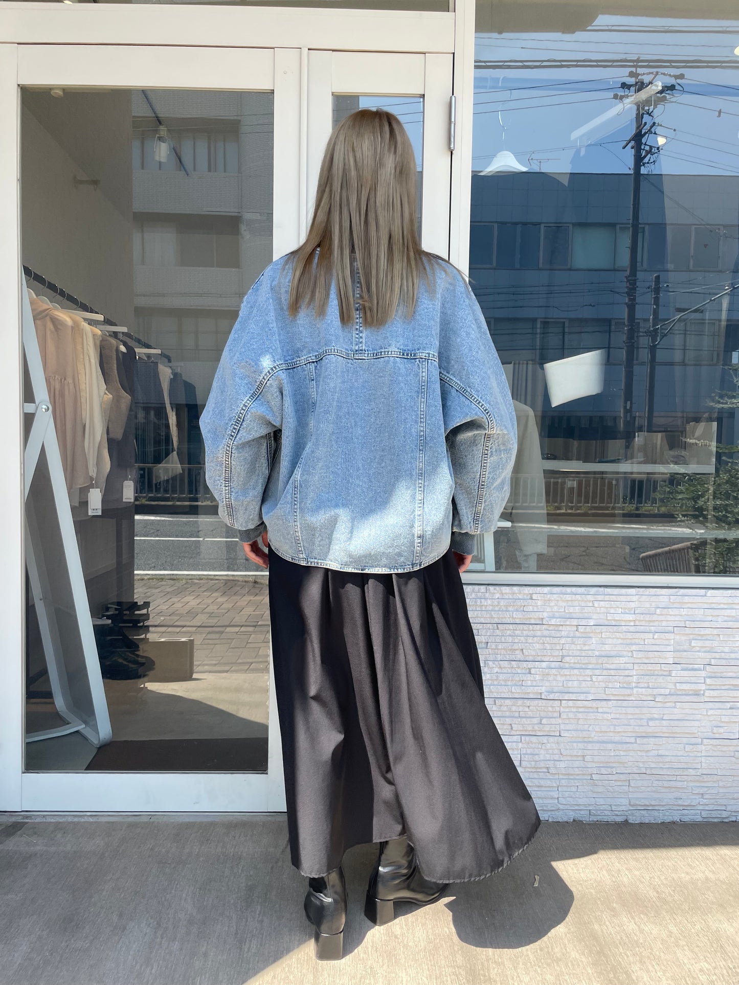 ノーカラーデニムジャケット
