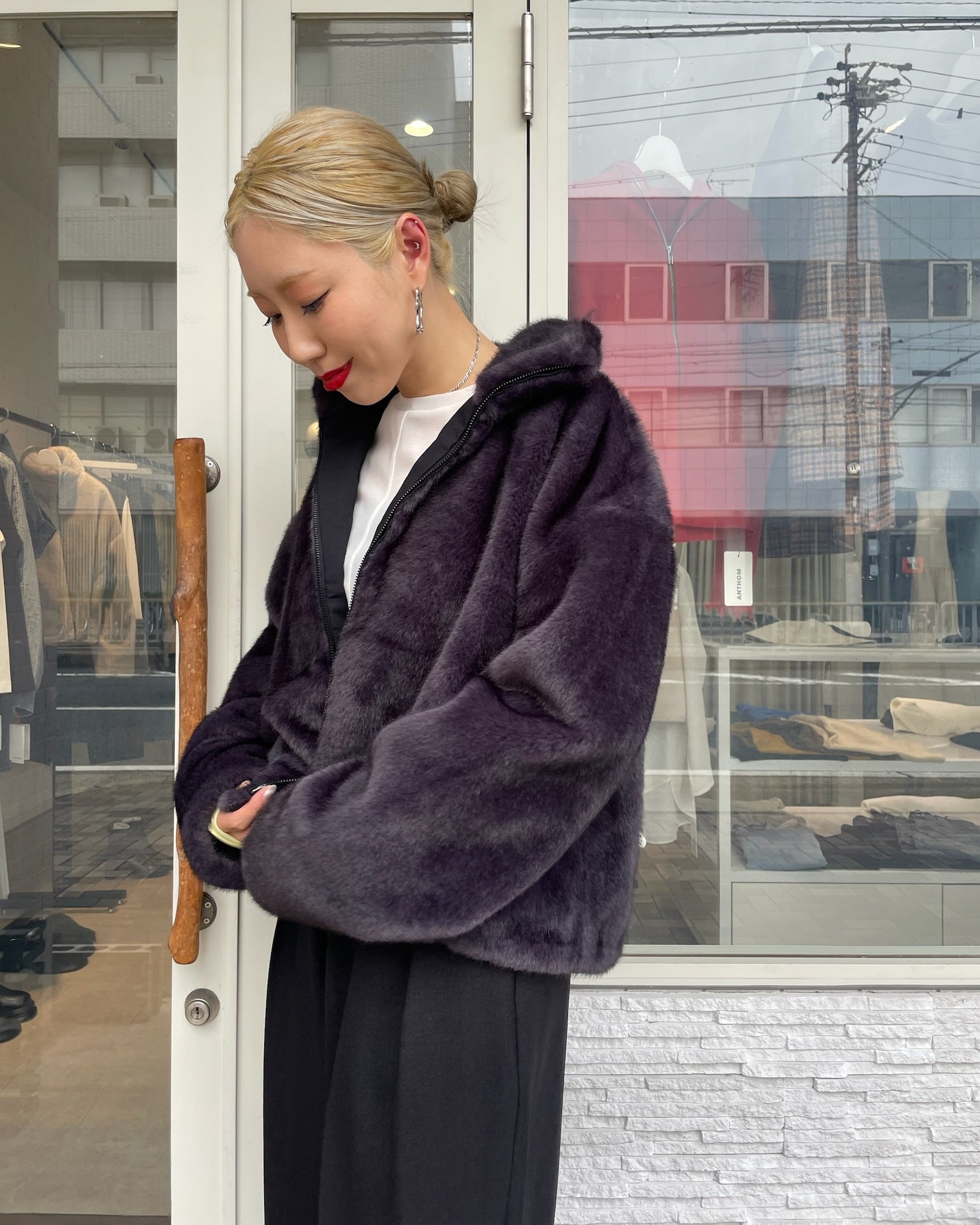 ❣️新品タグ付き❣️フェイクミンクファー フーデッドブルゾン Anne Coquine ミンクタッチフェイクファーフーデッドブルゾン