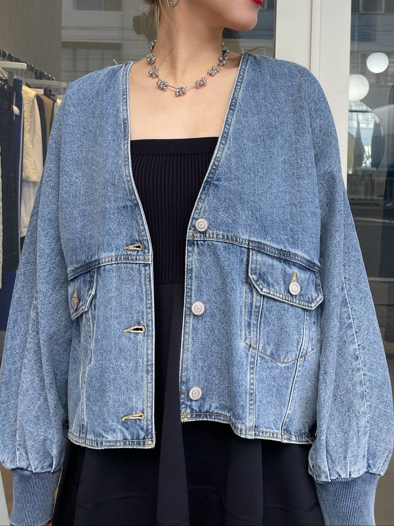 ノーカラーデニムジャケット