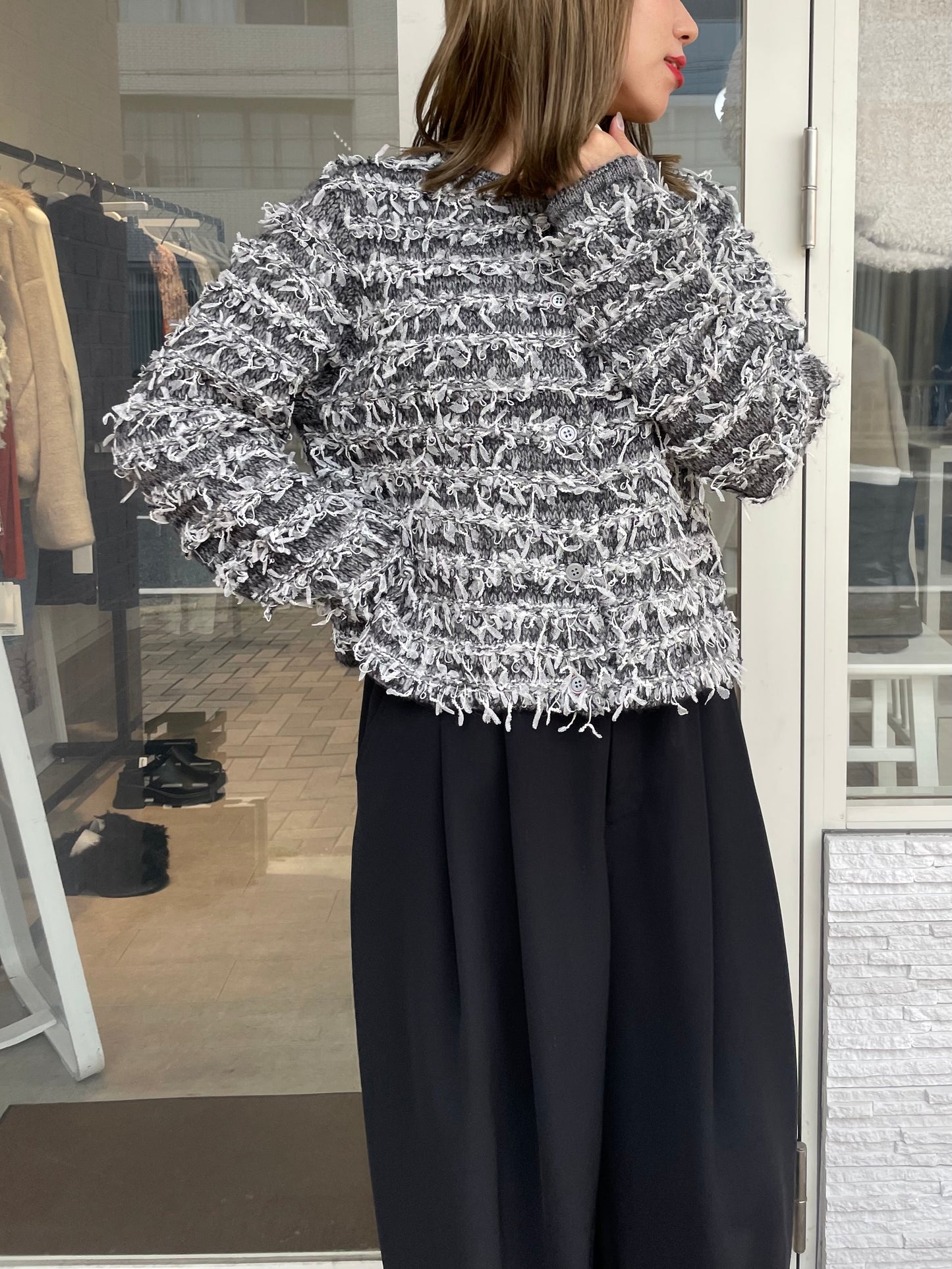 チュールフリンジニットカーディガン