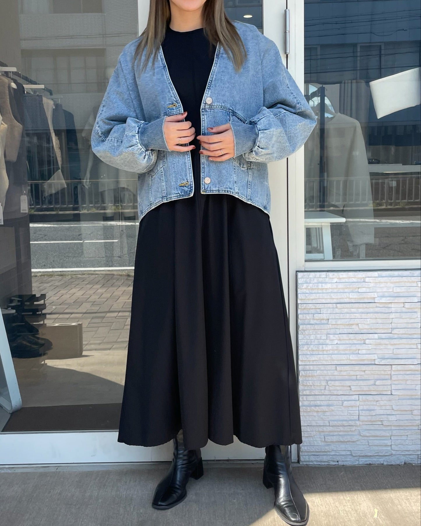 ノーカラーデニムジャケット