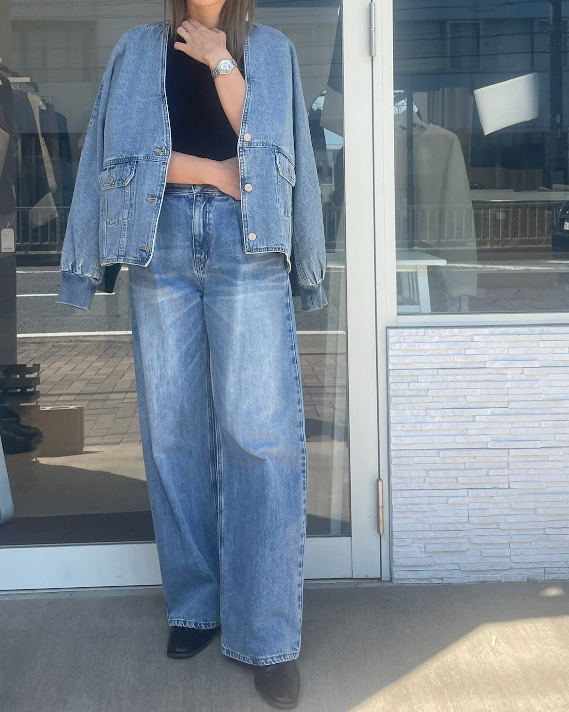 ノーカラーデニムジャケット