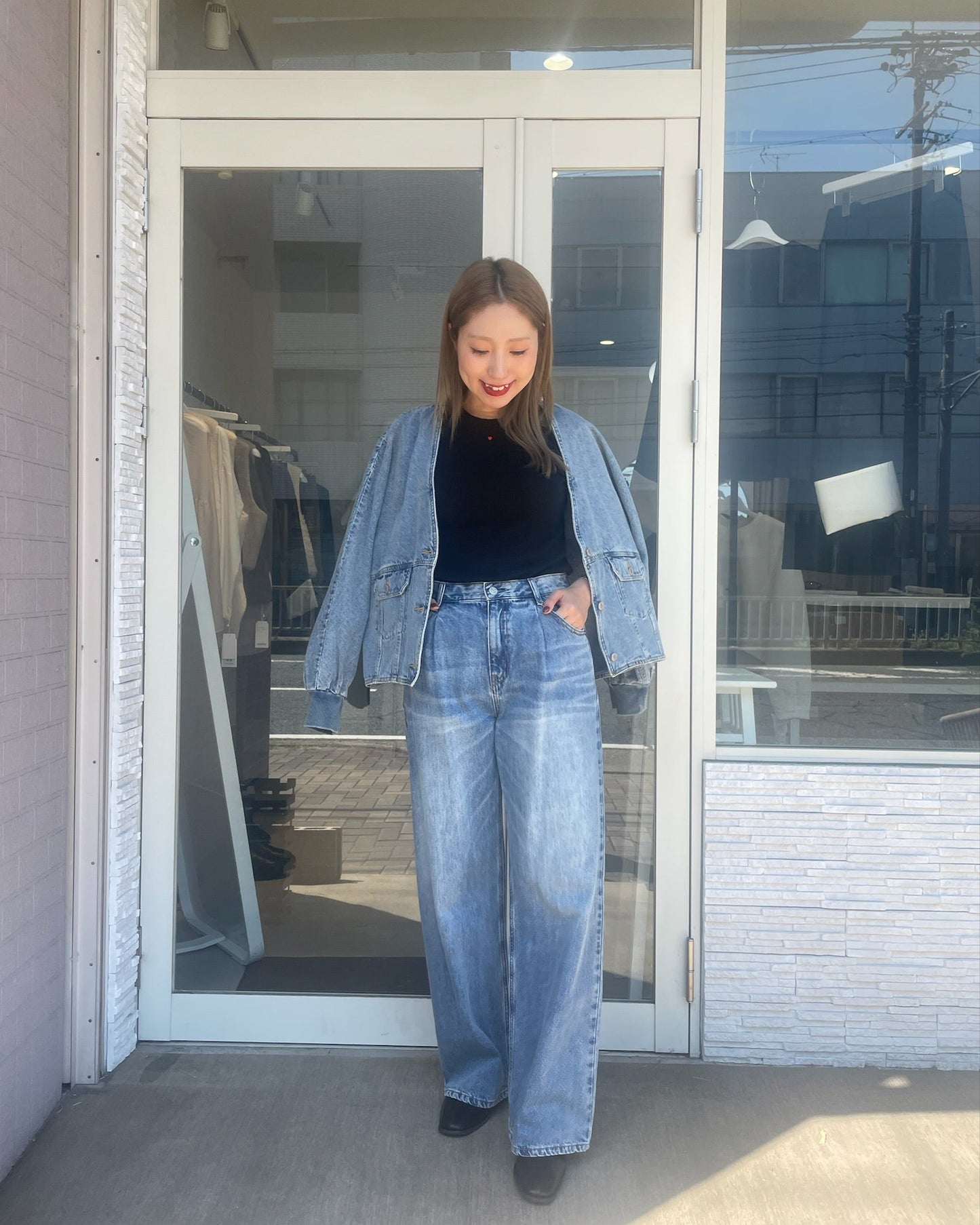 ノーカラーデニムジャケット