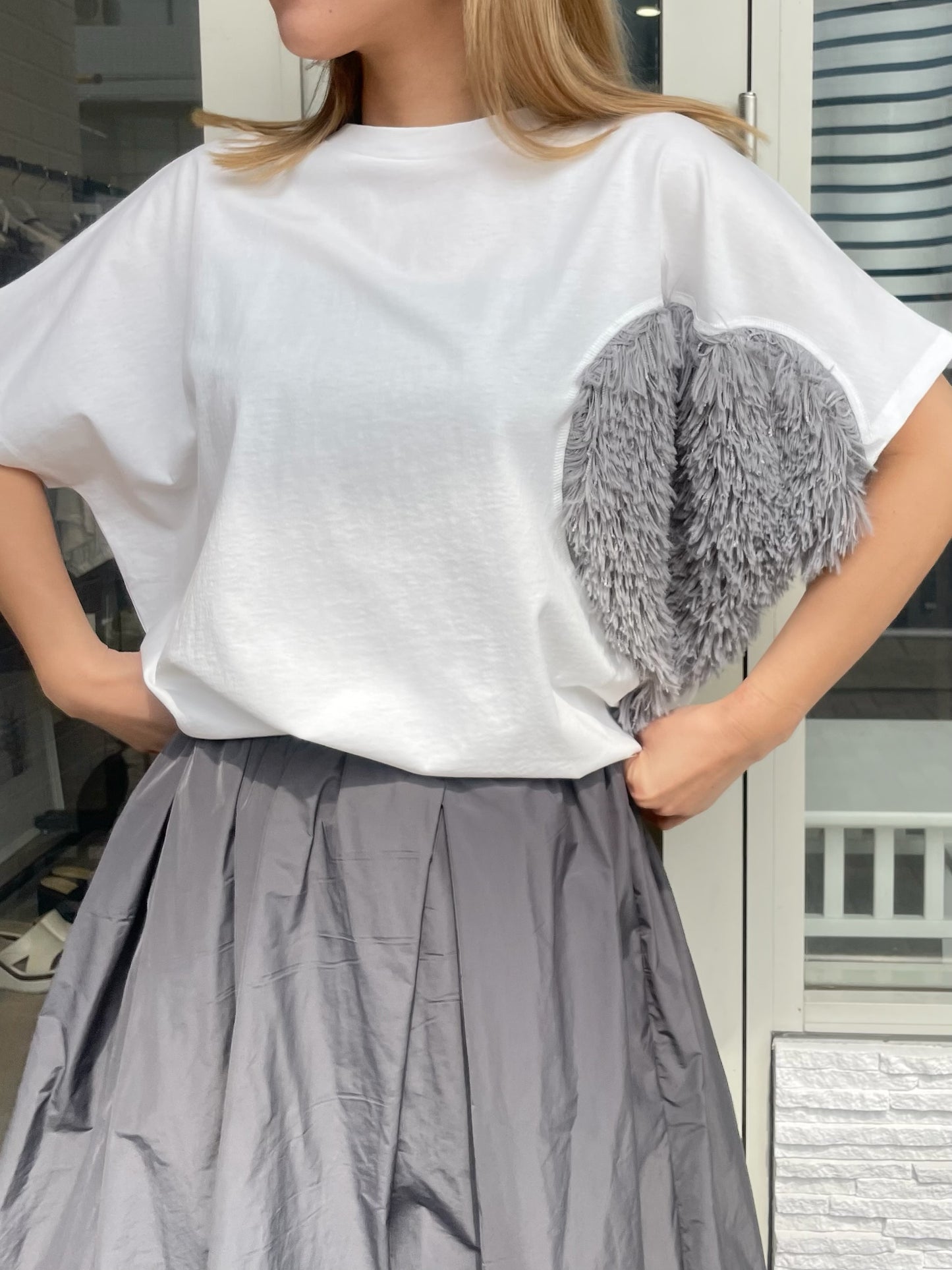 ファーフリンジハートカットソー