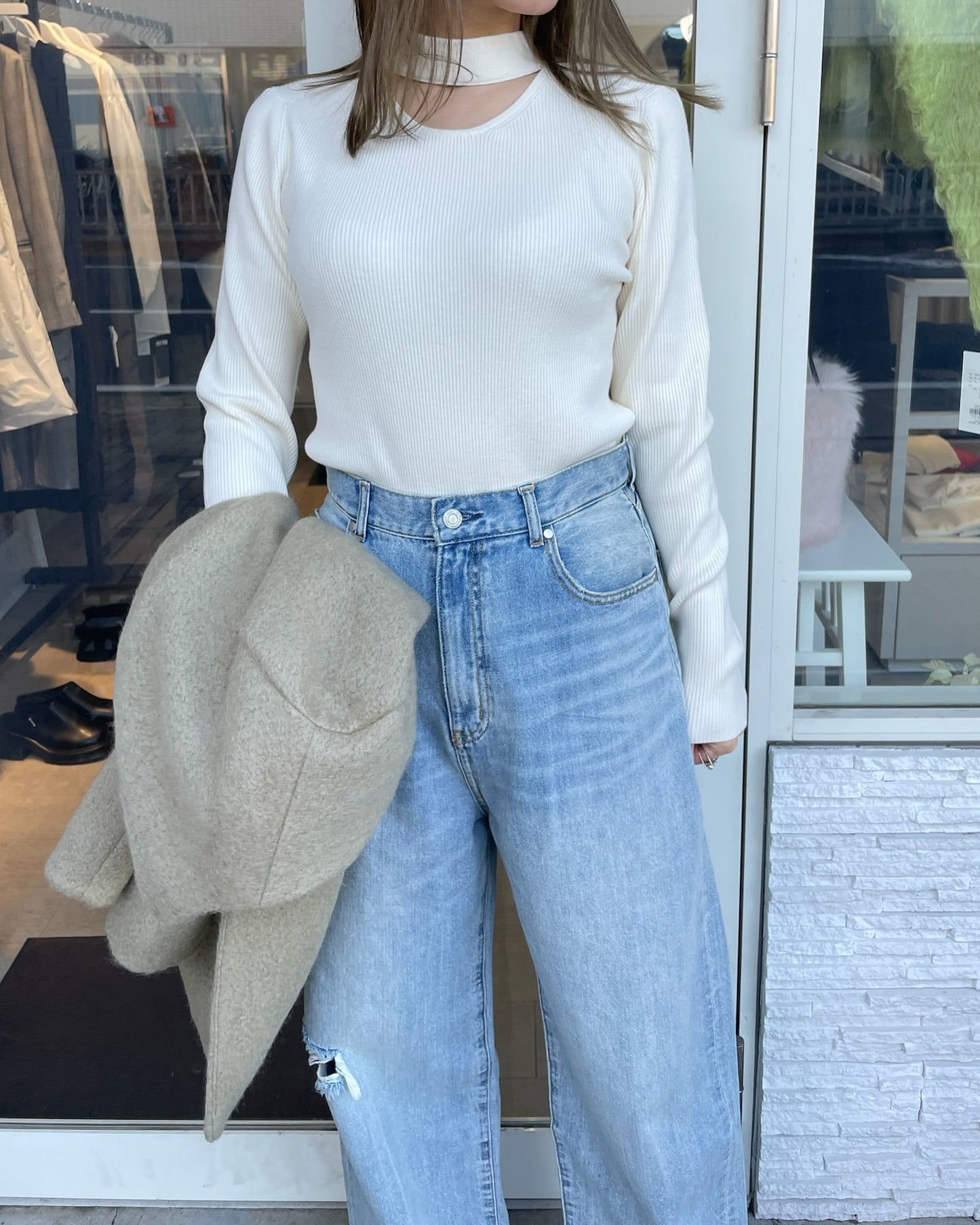 ロングスリーブチョーカーライクリブニット