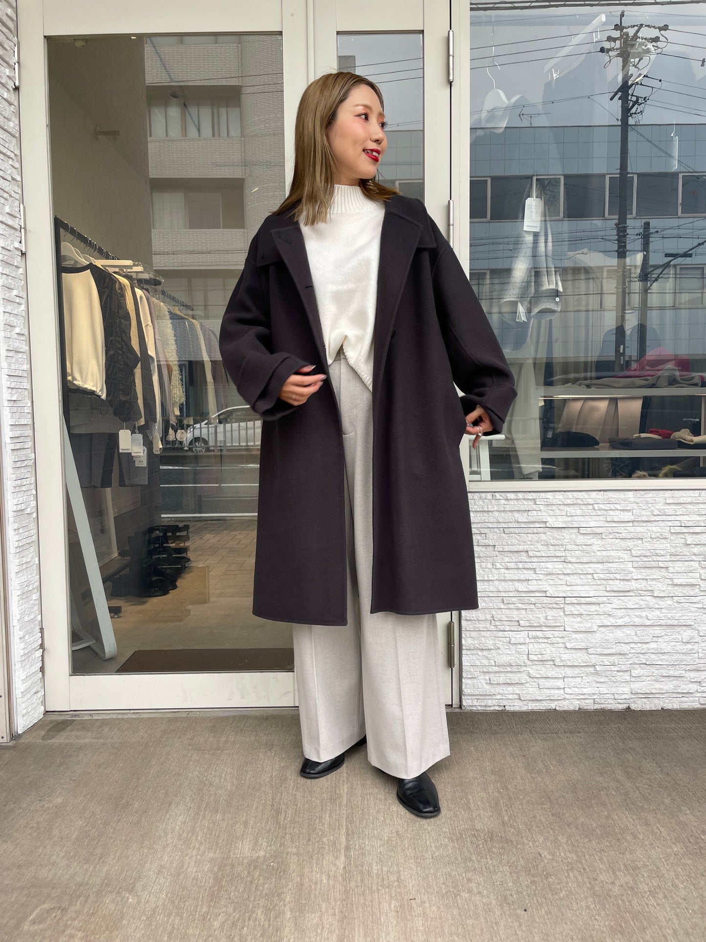 ぺコラムウールスタンドカラーコート