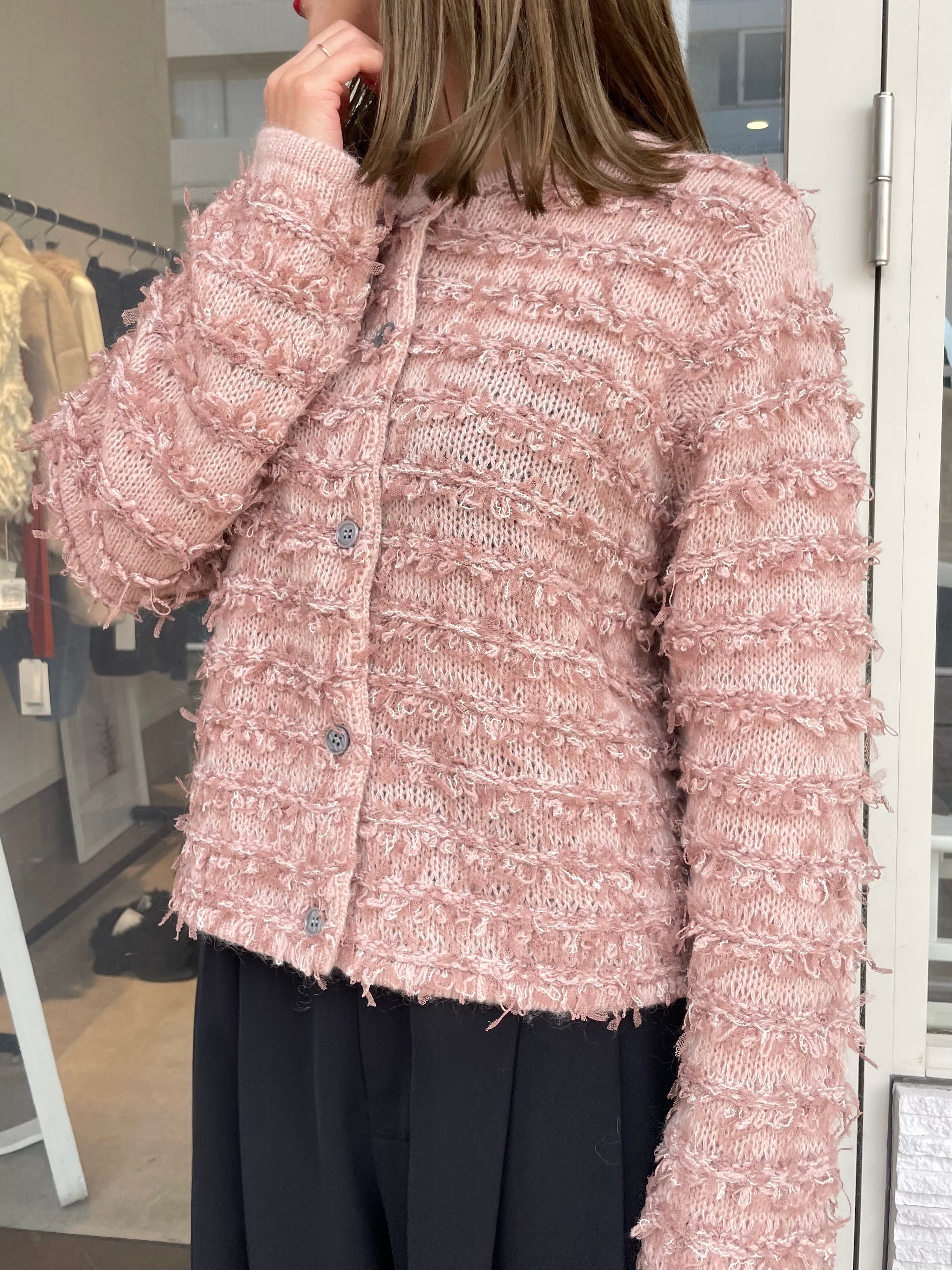 匿名発送 Curensology ツイーディフリンジニットカーディガン ネイビー