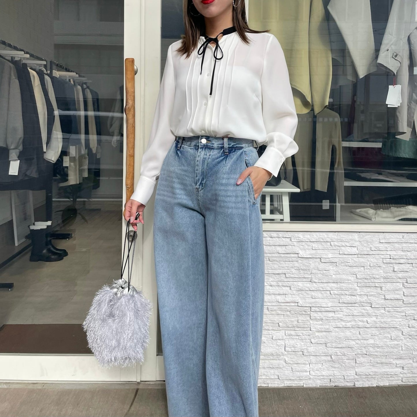 【再入荷】細ボウタイブラウス