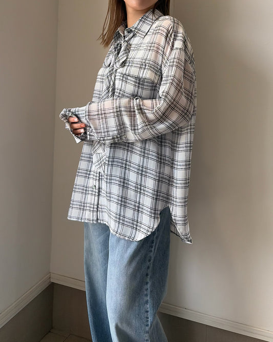 シアーチェックボウタイブラウス