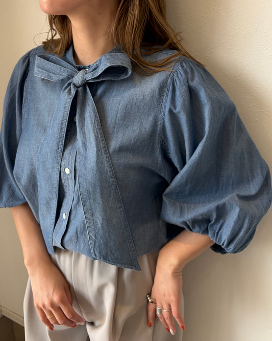 シアーデニムボウタイブラウス